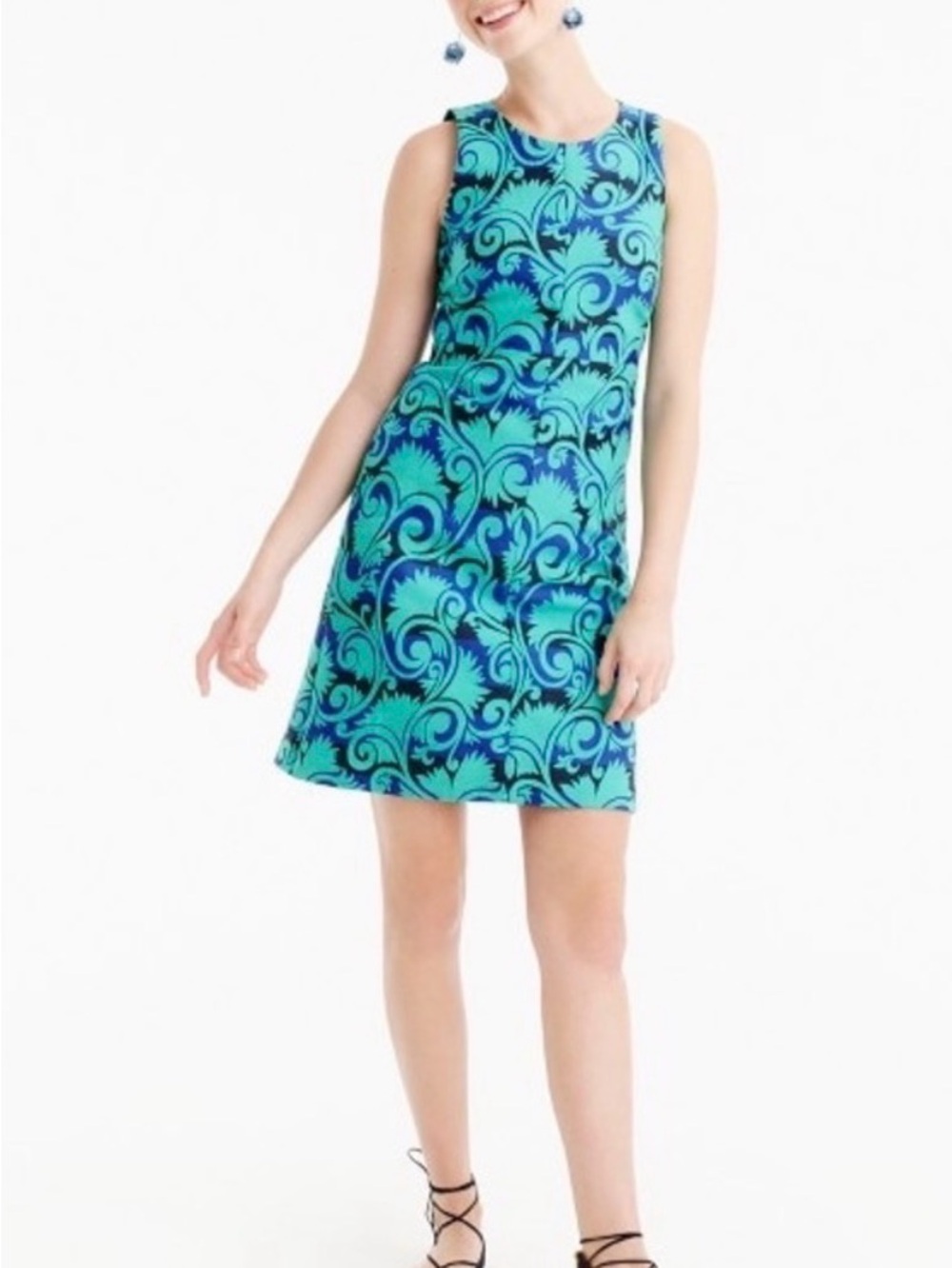 J Crew Sleeveless Blue-Green Swirl A-Line Dress Jacquard Print Size 4